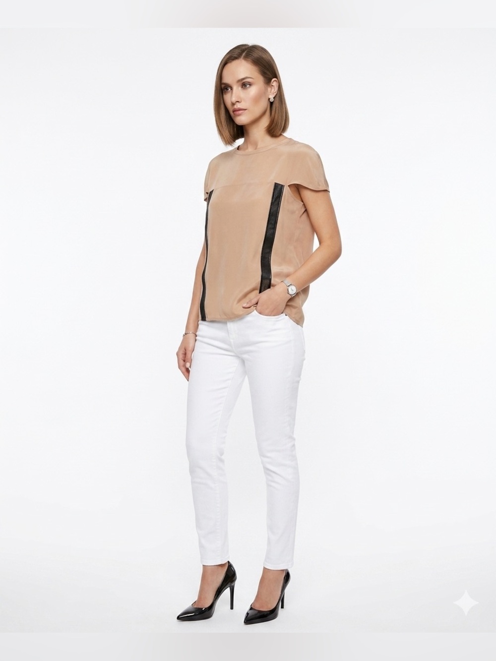 NEIL BARRETT 100 Silk & Leather Archival SS15 Oversized Blouse Top Beige 38 XS